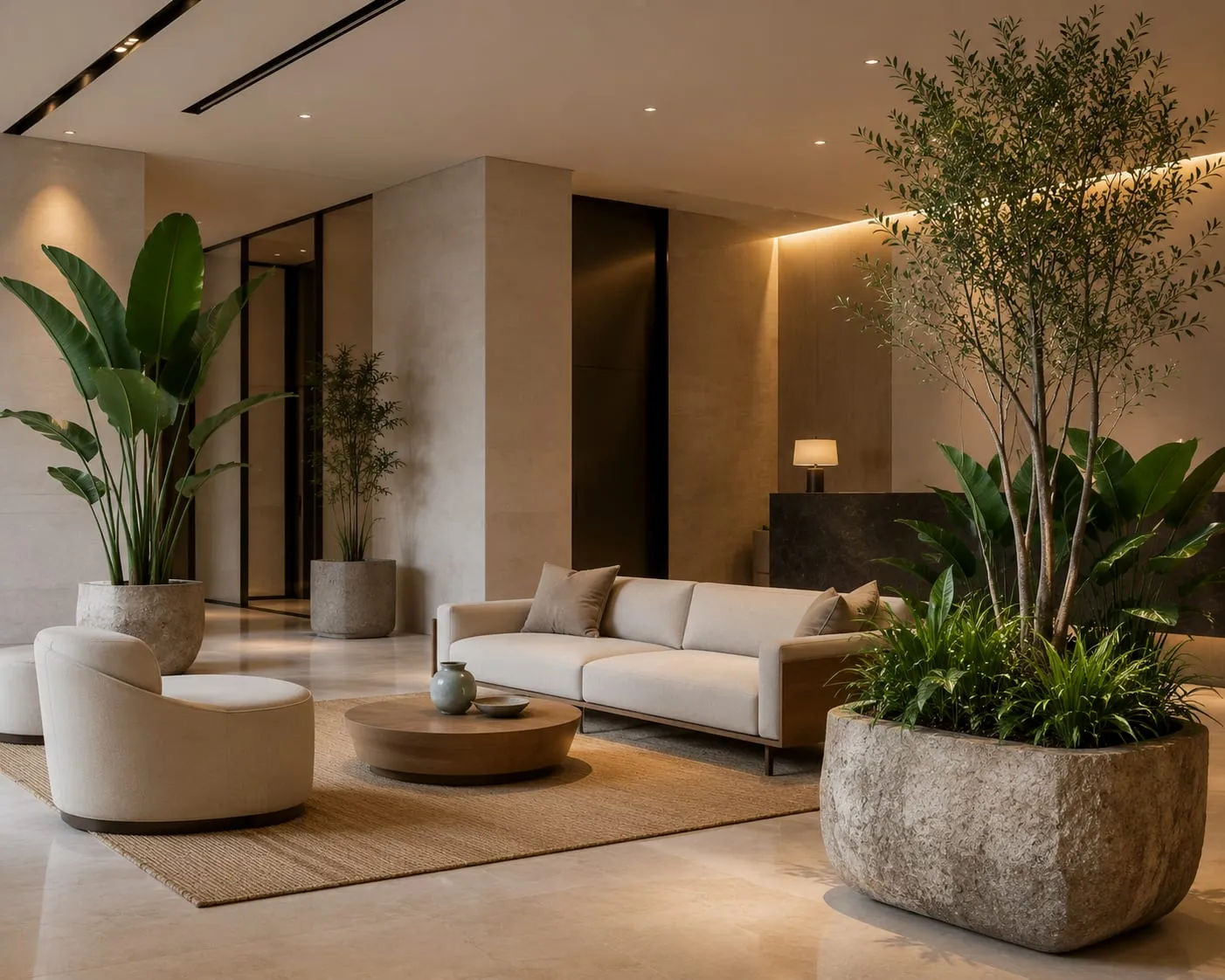 Zona de espera de una empresa con plantas de interior de gran porte en maceteros